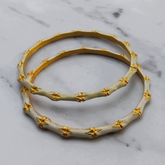 KJL Kenneth J Lane "Bamboo" Bracelets 2x White Enamel w Gold Leaf + Wash - Picture 7 of 15